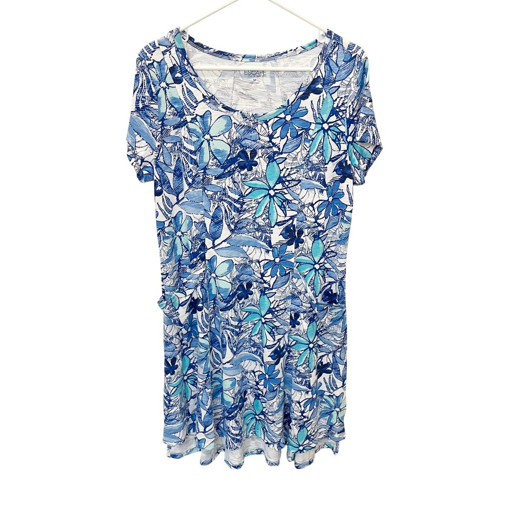 Escape by Habitat Blue White Floral Cotton Pocket T-Shirt Dress Size Medium